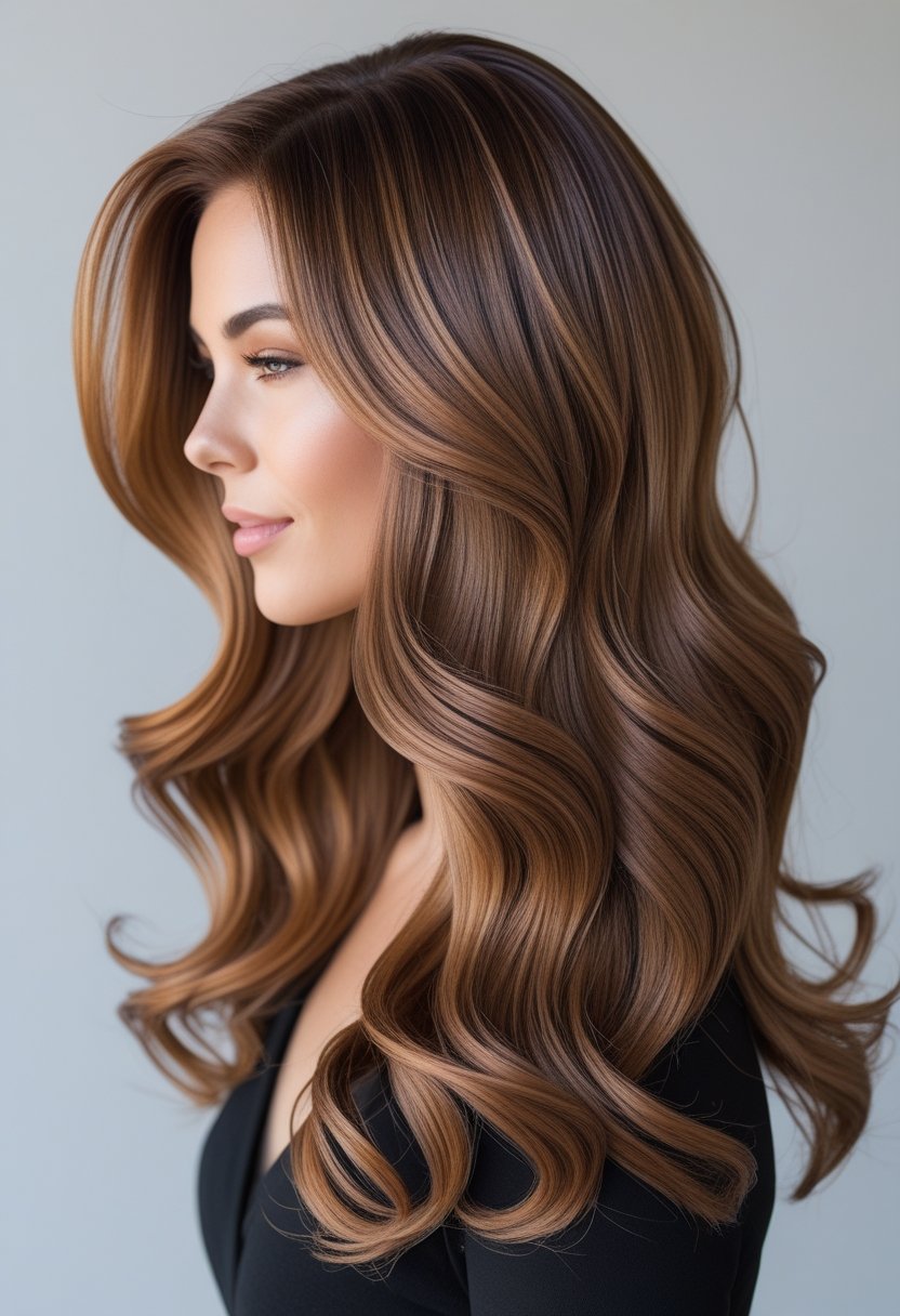 A woman with long, wavy caramel brown hair shining under bright light against a neutral background.