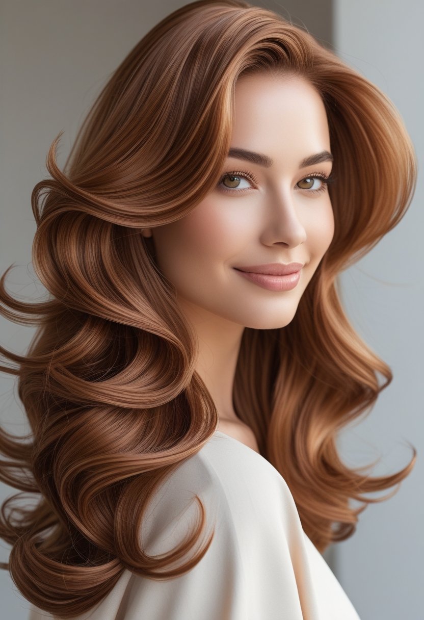 A woman with long caramel brown hair styled in soft waves, smiling gently against a neutral background.