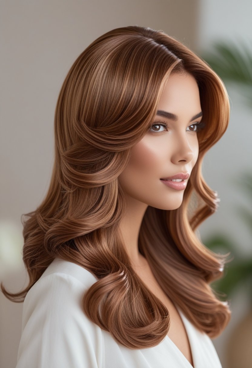A woman with long caramel brown hair styled in soft waves, shown from the side with a blurred background.
