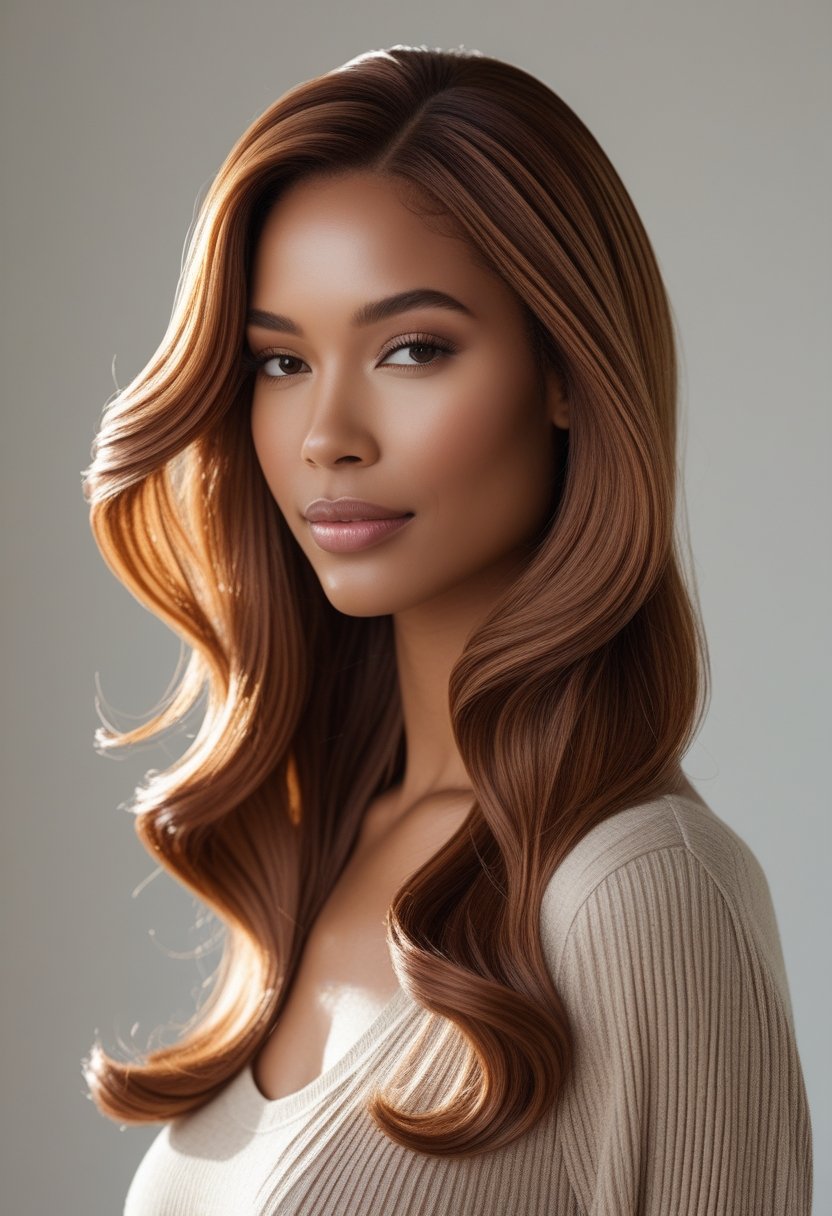 Close-up of a woman with long, wavy caramel brown hair shining under soft lighting.