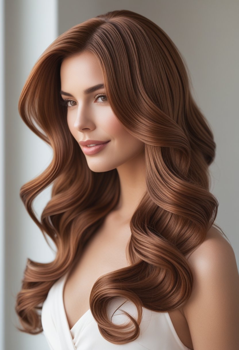 A woman with long caramel brown hair styled in soft waves, shown from the shoulders up against a plain background.