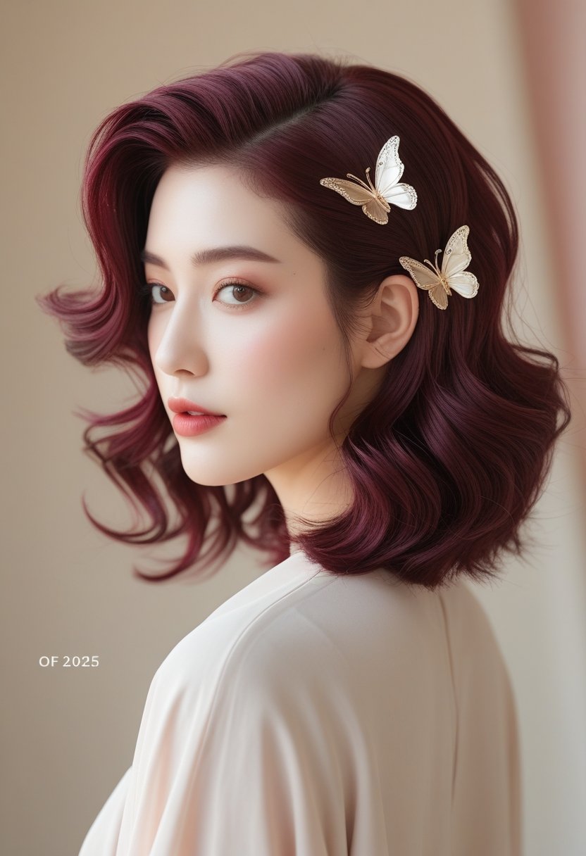 A young woman with soft, wavy burgundy brown hair wearing a butterfly clip, looking serene against a blurred background.