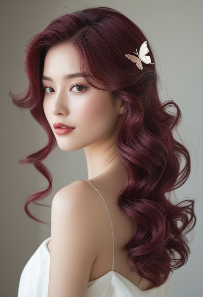 A young woman with soft wavy burgundy brown hair wearing a butterfly hair clip, looking serene against a neutral background.