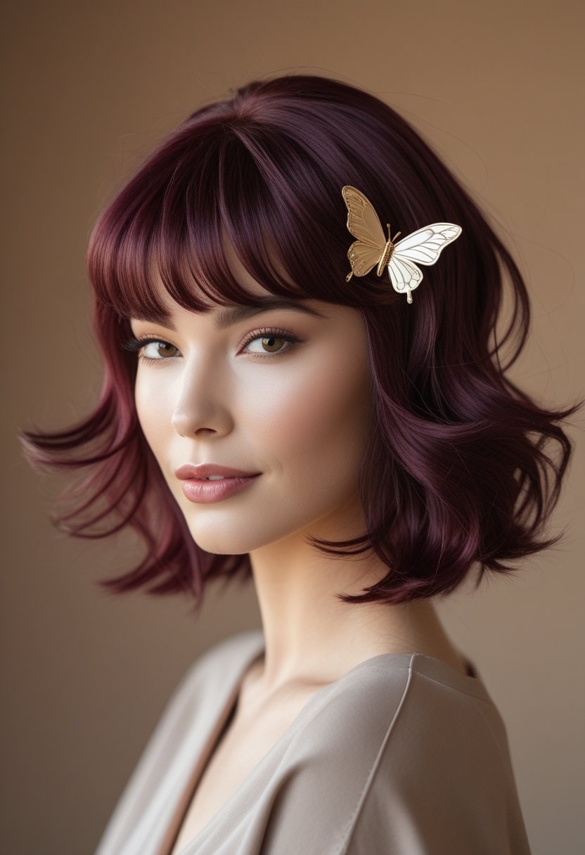 A woman with soft wavy burgundy brown hair styled with layers and bangs, wearing a butterfly hair clip.