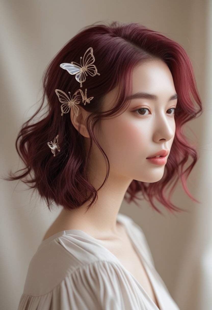 A young woman with wavy burgundy brown hair wearing butterfly clips, looking serene against a soft neutral background.