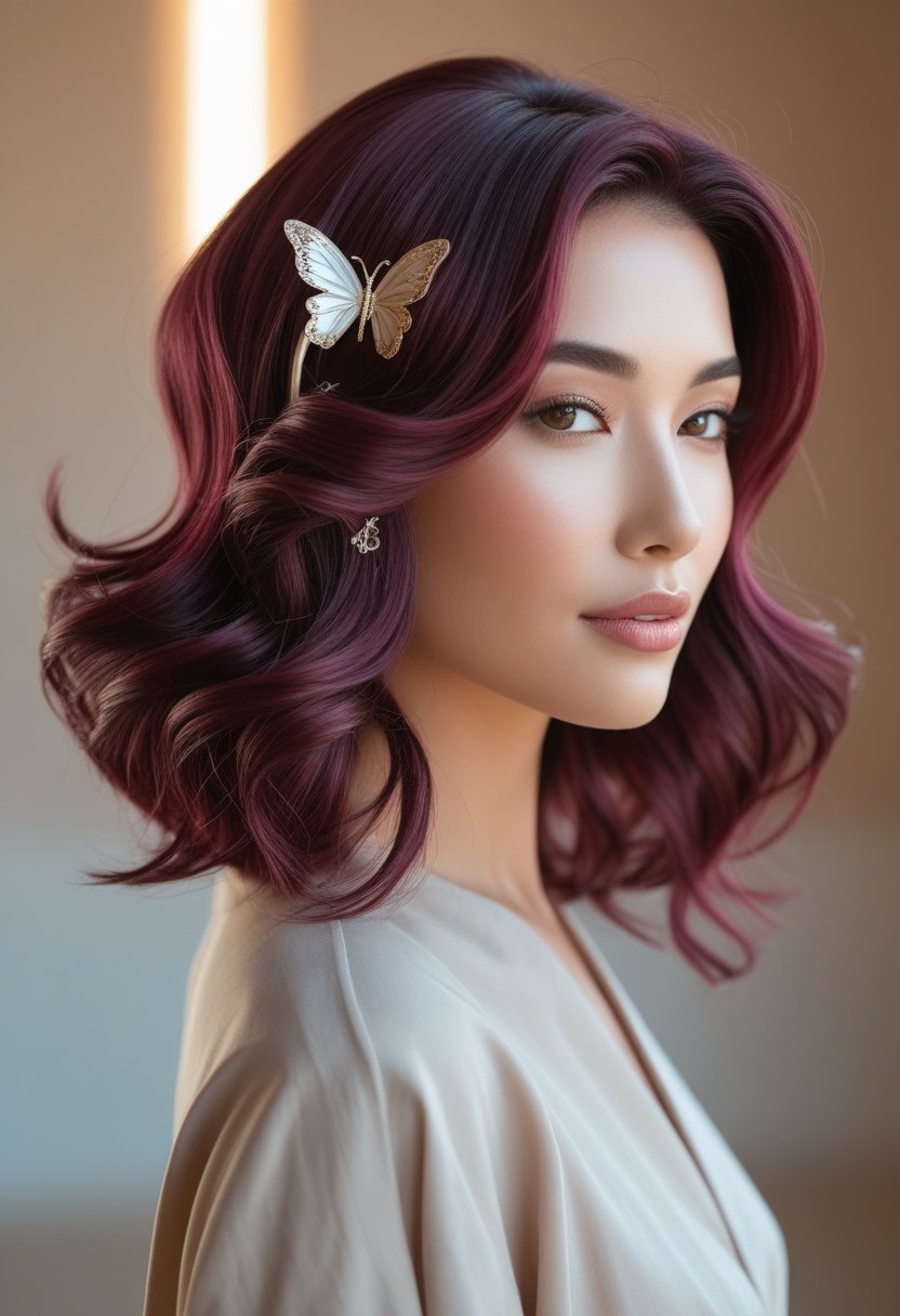 A woman with soft, wavy burgundy brown hair wearing a butterfly clip on one side.