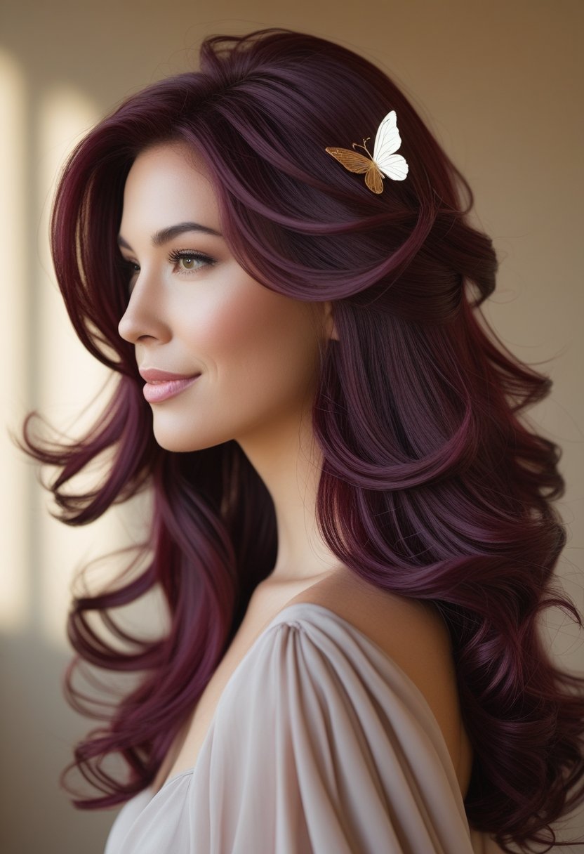 A woman with long wavy burgundy brown hair wearing a butterfly hair clip.