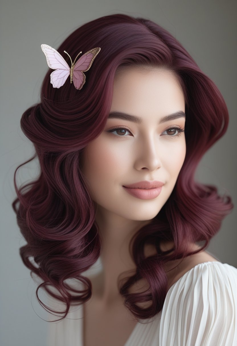 Portrait of a woman with soft wavy burgundy brown hair wearing a butterfly hair clip.
