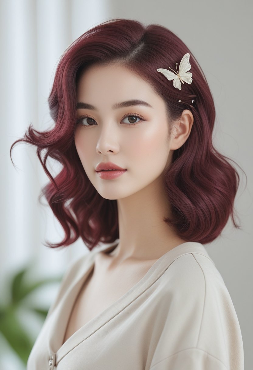 A woman with soft, wavy burgundy brown hair wearing a butterfly hair clip, smiling gently against a neutral background.