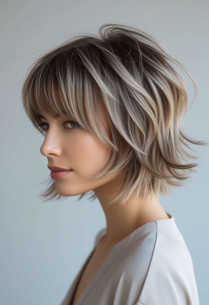 Portrait of a person with a layered textured haircut and soft fringe, looking at the camera against a plain background.