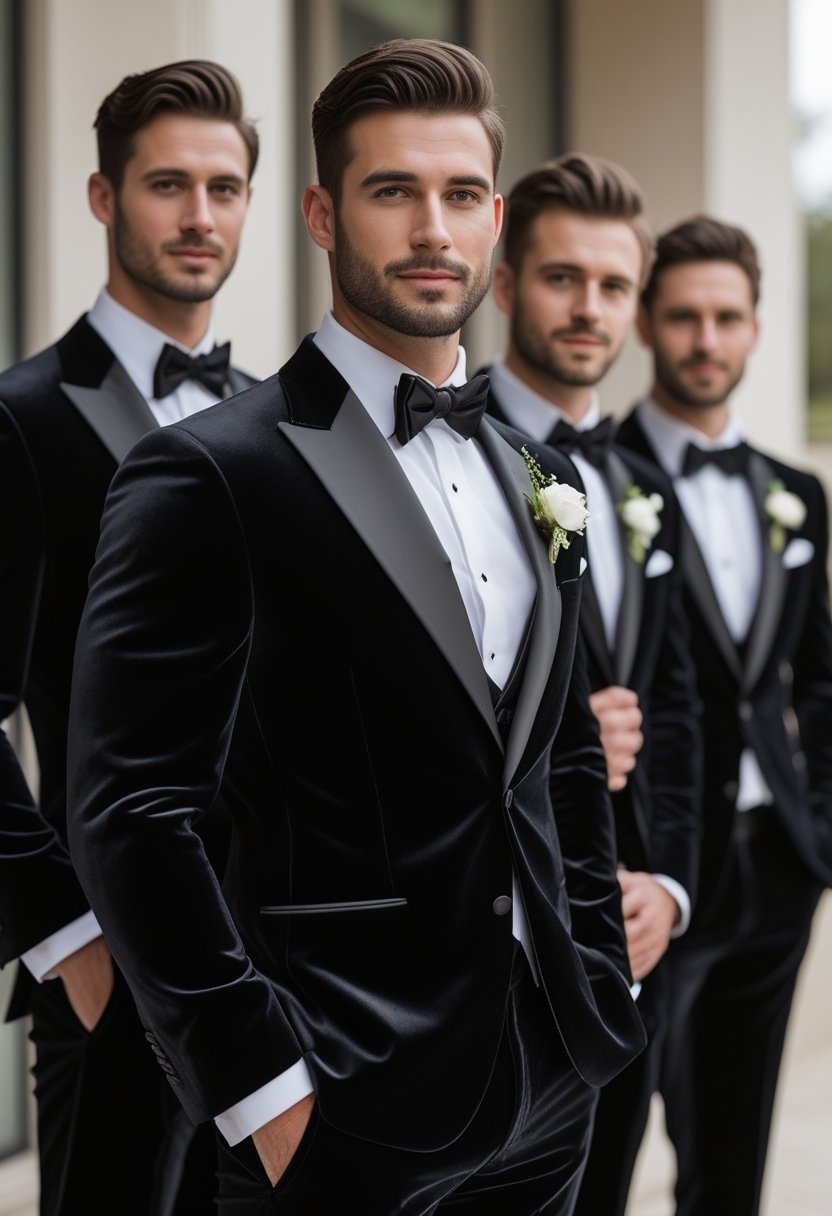 A groom and his groomsmen standing together outdoors, all wearing black tuxedos.