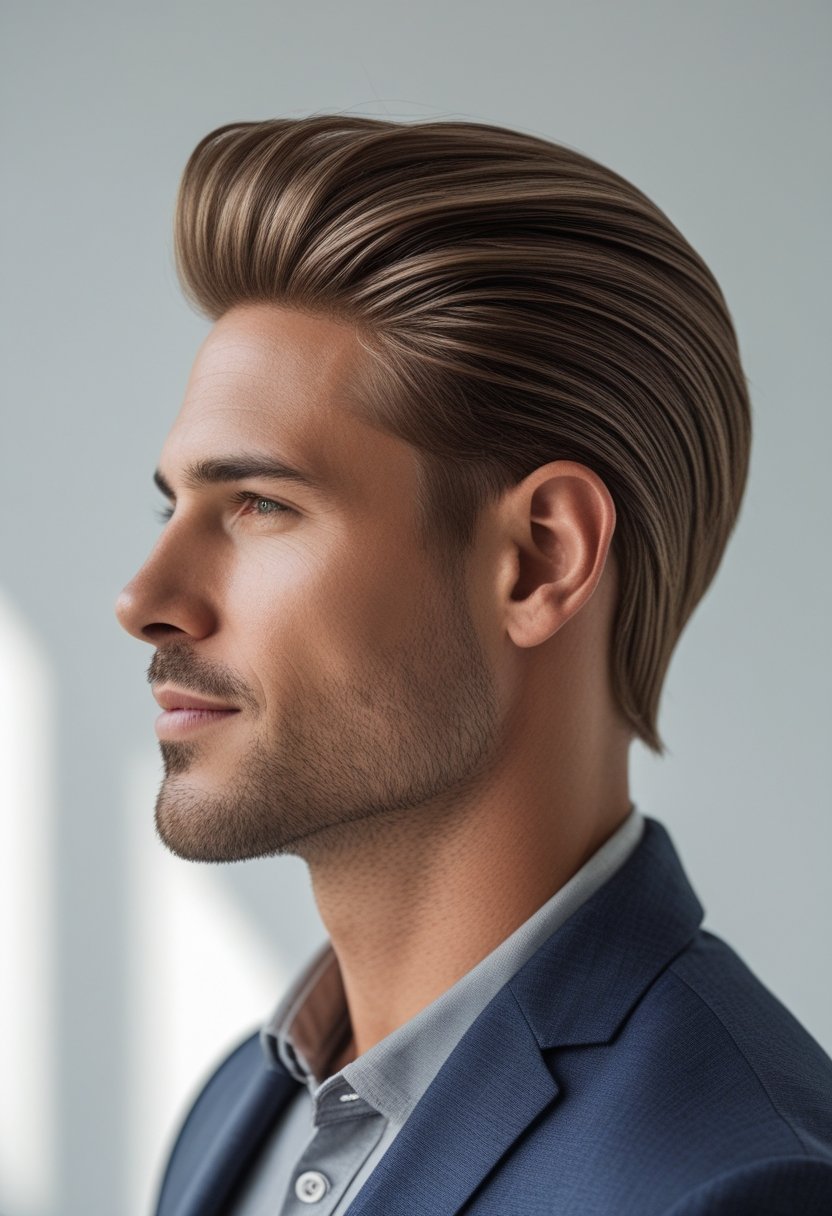 A man with a natural-looking hairline and seamless hair replacement system, shown from the side against a plain background.