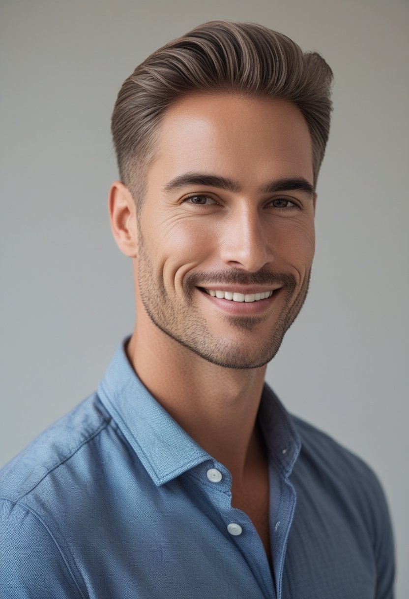 A smiling man with a natural-looking hairline and well-groomed hair standing against a neutral background.