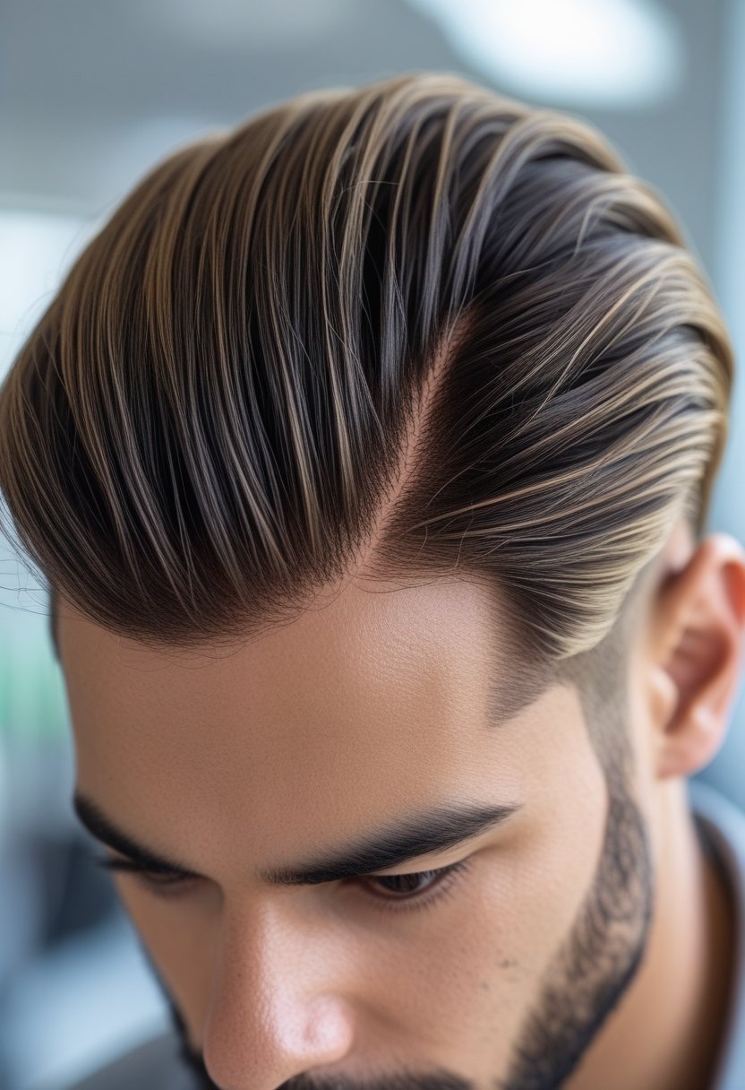 Close-up of a man's head showing a natural hairline with a hair replacement system.