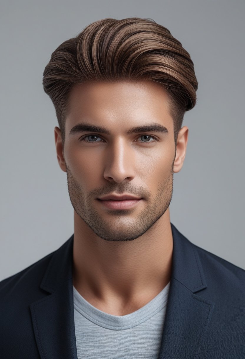 Close-up of a man with a natural-looking hairline and thick hair, looking confident against a neutral background.