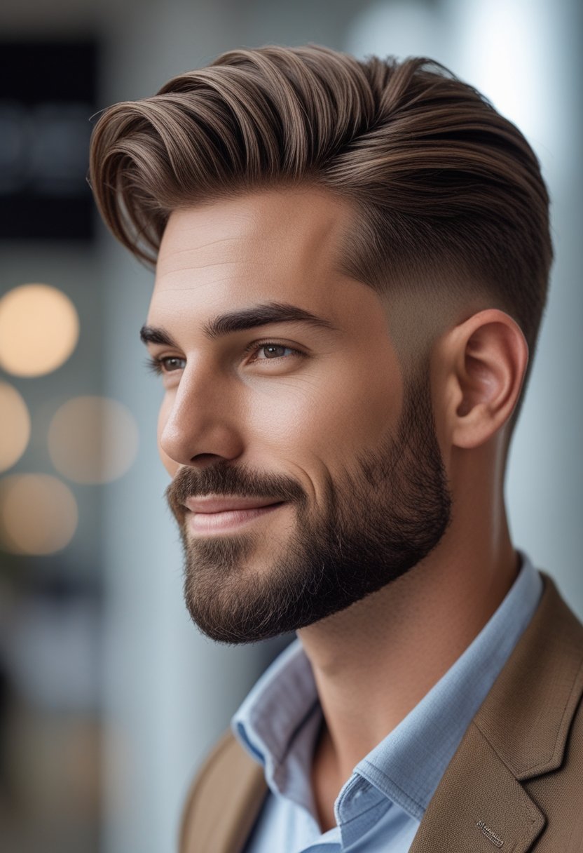 A man with a beard and natural-looking hairline wearing modern men's clothing, looking confidently to the side.
