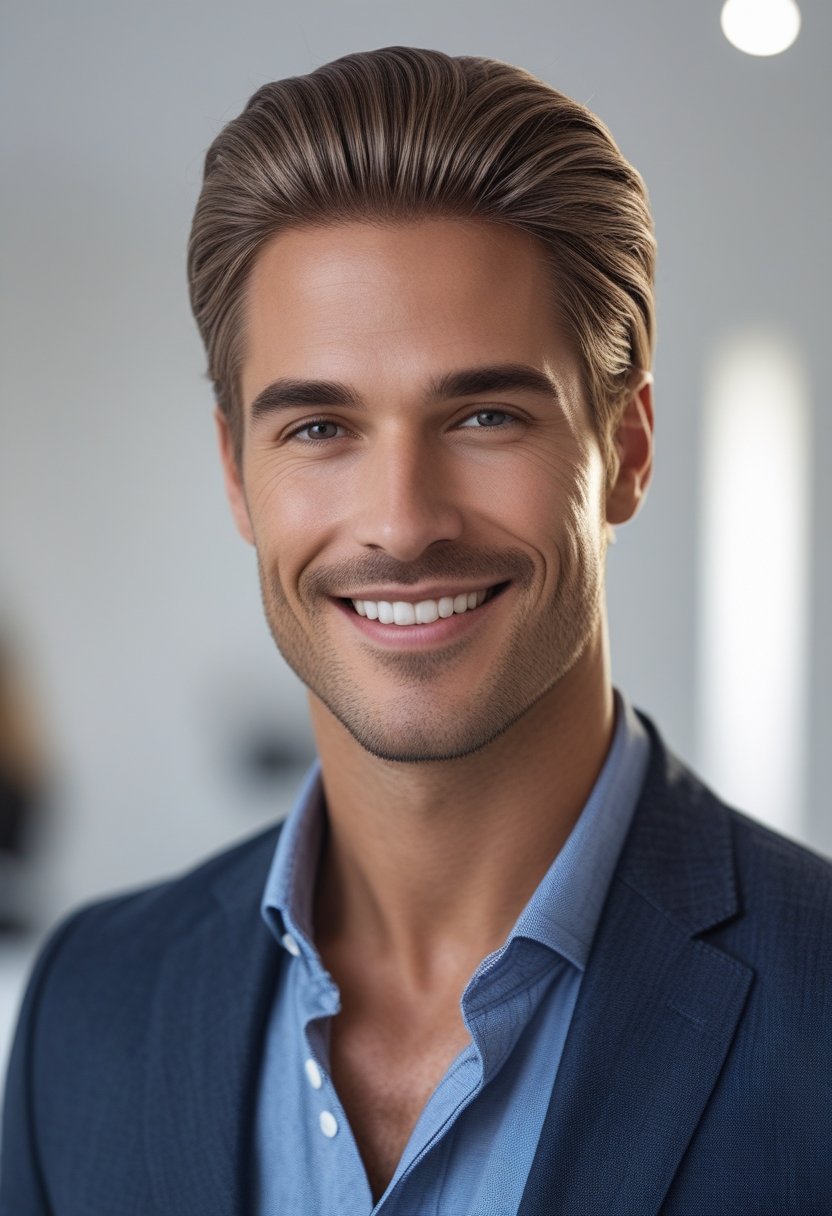 A man smiling confidently with a natural-looking hair replacement system and a seamless hairline.