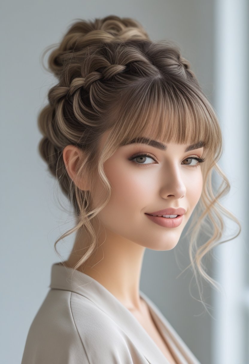 A young woman with braided hair and bangs smiling against a neutral background.