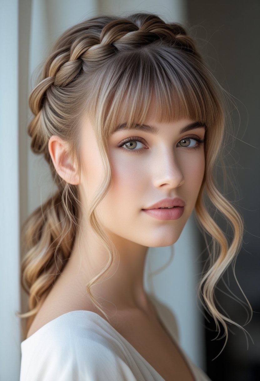 A young woman with braided hair and bangs, smiling softly against a blurred background.