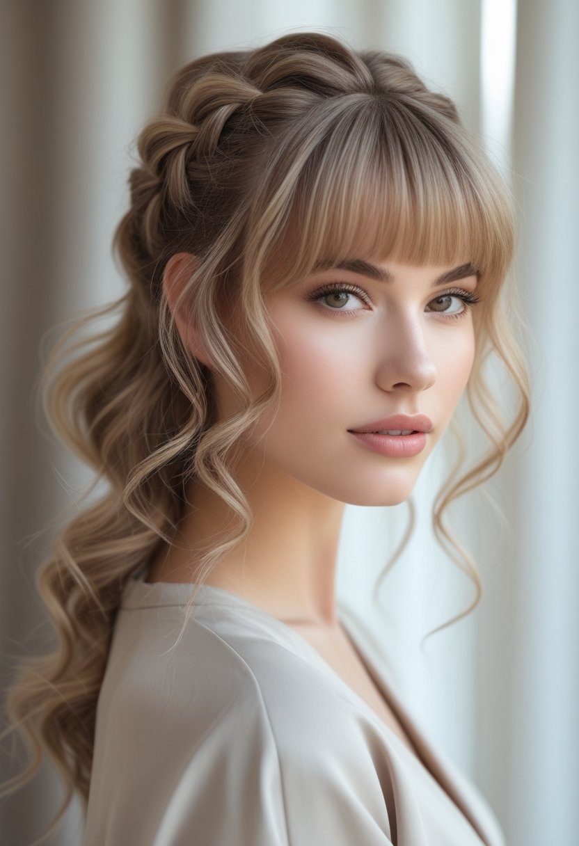 A young woman with a half-up braided hairstyle and bangs, looking confidently at the camera with soft waves in her hair.