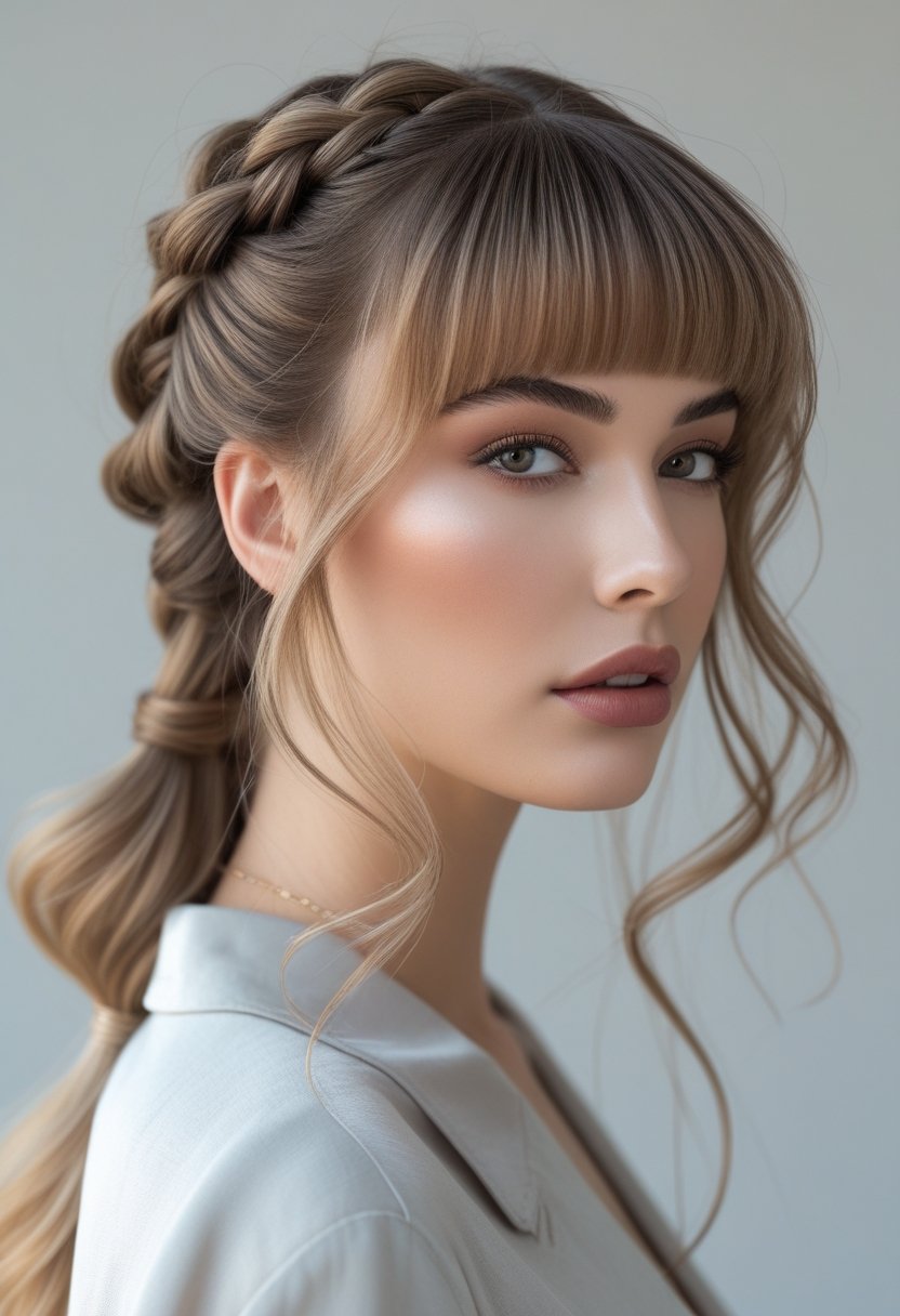 A young woman with a half-up braided hairstyle and curtain bangs, smiling against a plain background.
