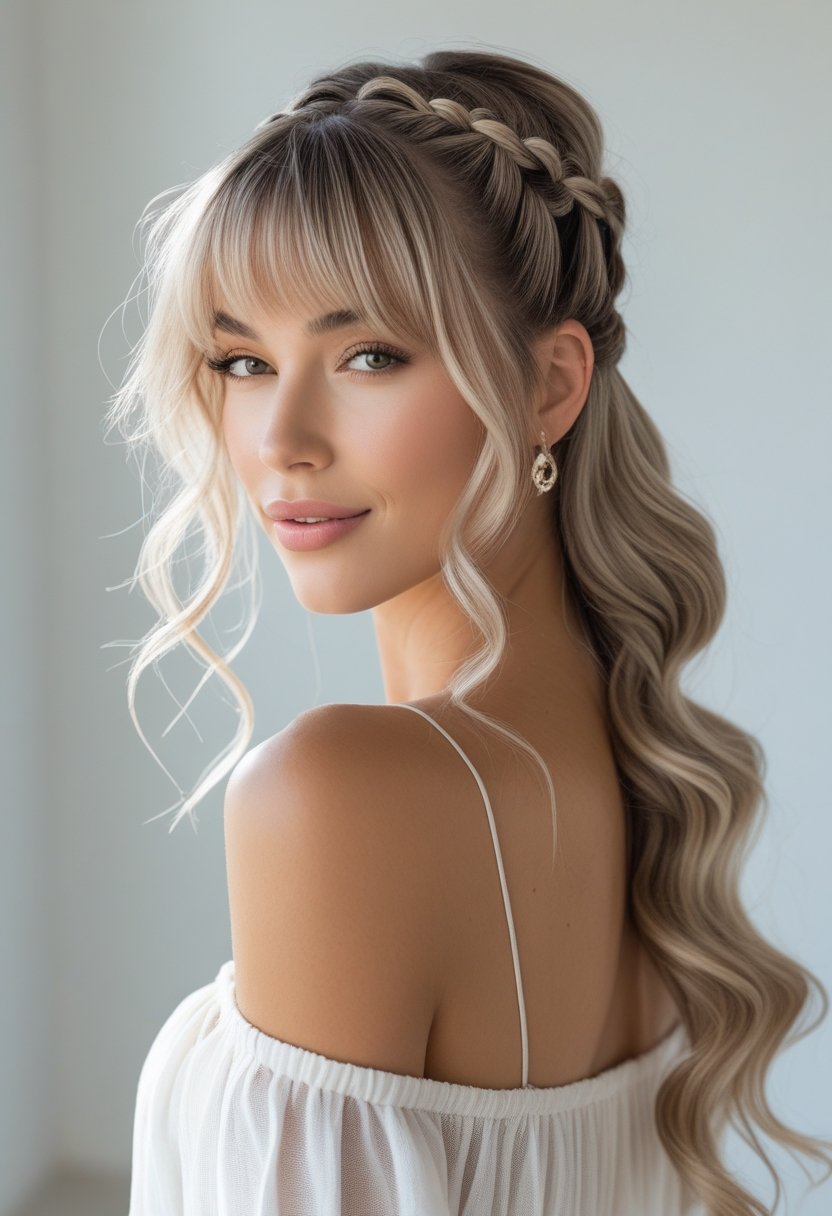 A woman with braided hair and curtain bangs smiling against a neutral background.