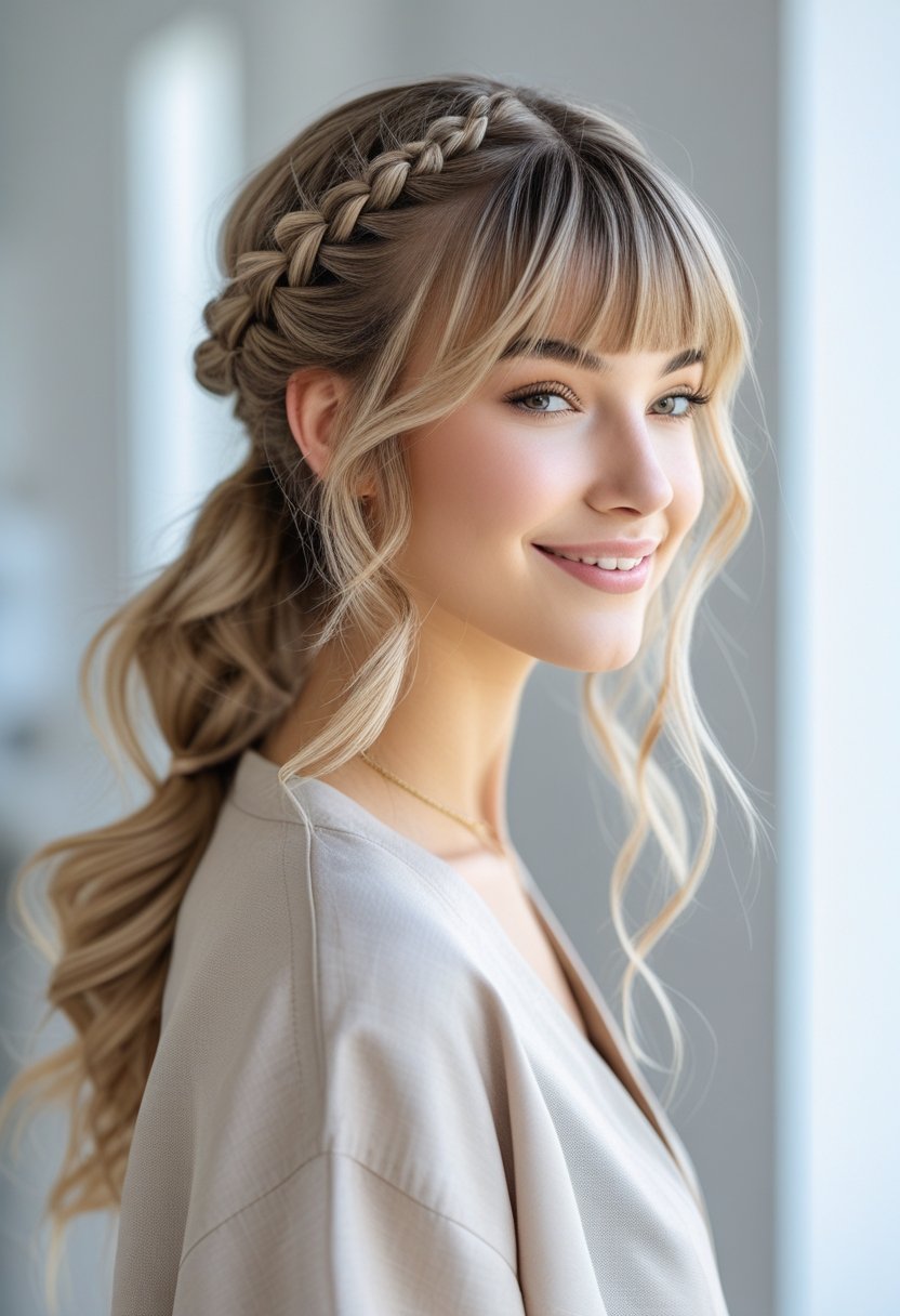 A young woman with braided hair and waves smiling in a bright, simple indoor setting.