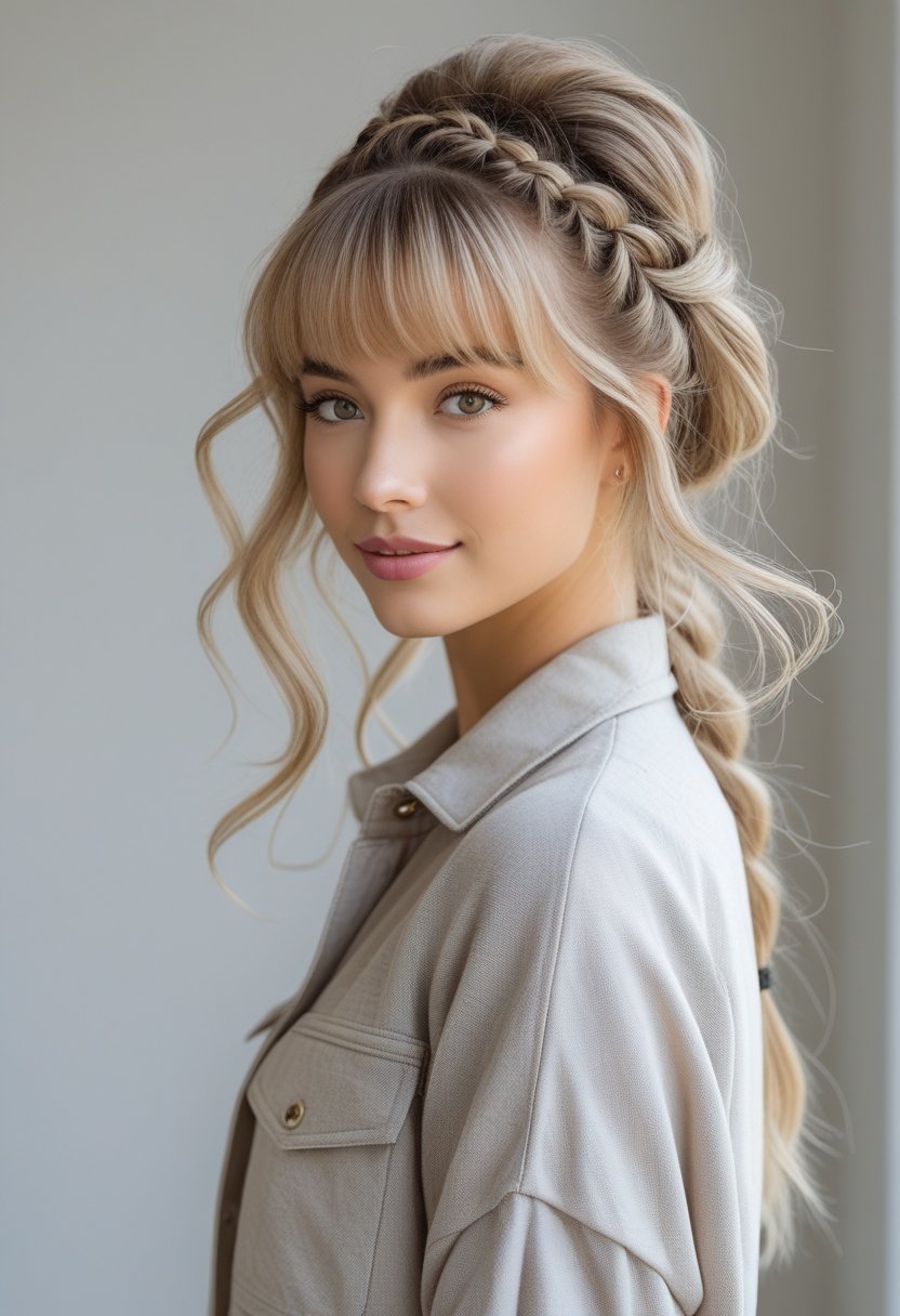 A young woman with braided half-up hair and curtain bangs, wearing a stylish outfit, standing against a neutral background.