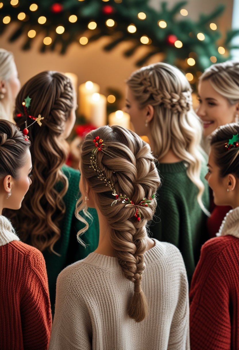 A group of women with various festive holiday hairstyles posing together in a warm, softly lit setting decorated with holiday lights and greenery.