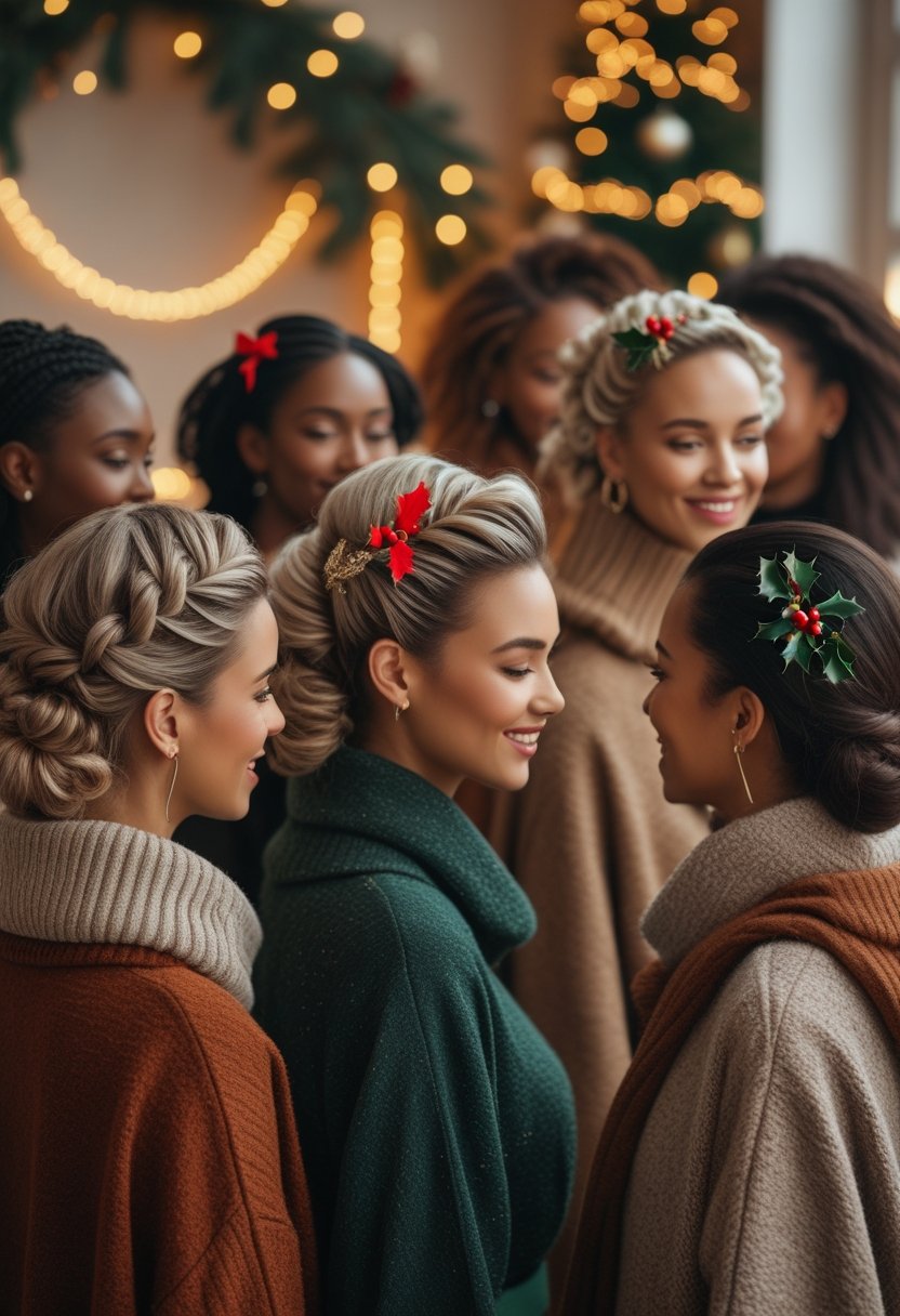 A group of women with festive holiday hairstyles posing together in a warmly lit room decorated with holiday lights and greenery.
