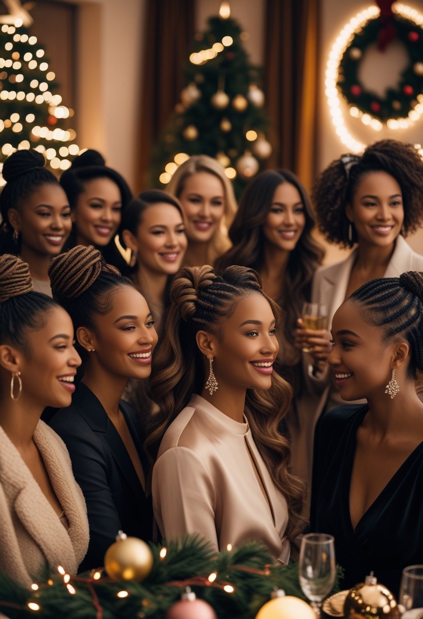 A group of women at a Christmas party with festive hairstyles, smiling and enjoying the celebration indoors.