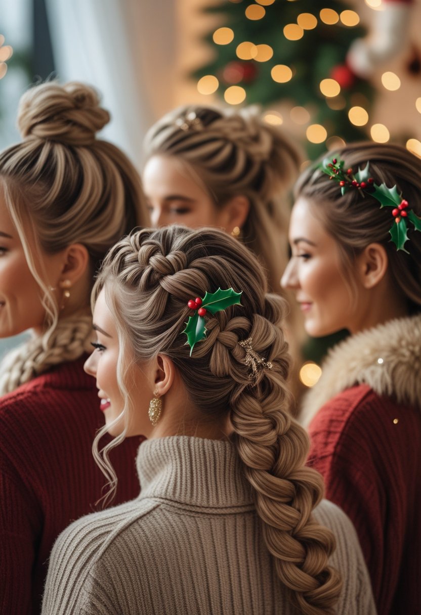 Close-up of women with braided and twisted hairstyles in a festive indoor setting with holiday decorations.