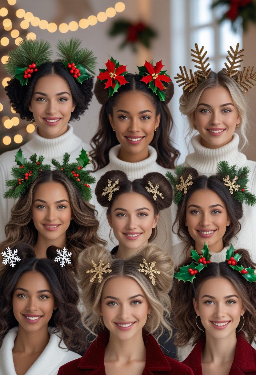 A group of women with festive holiday hairstyles decorated with seasonal accessories, smiling against a softly lit winter-themed background.