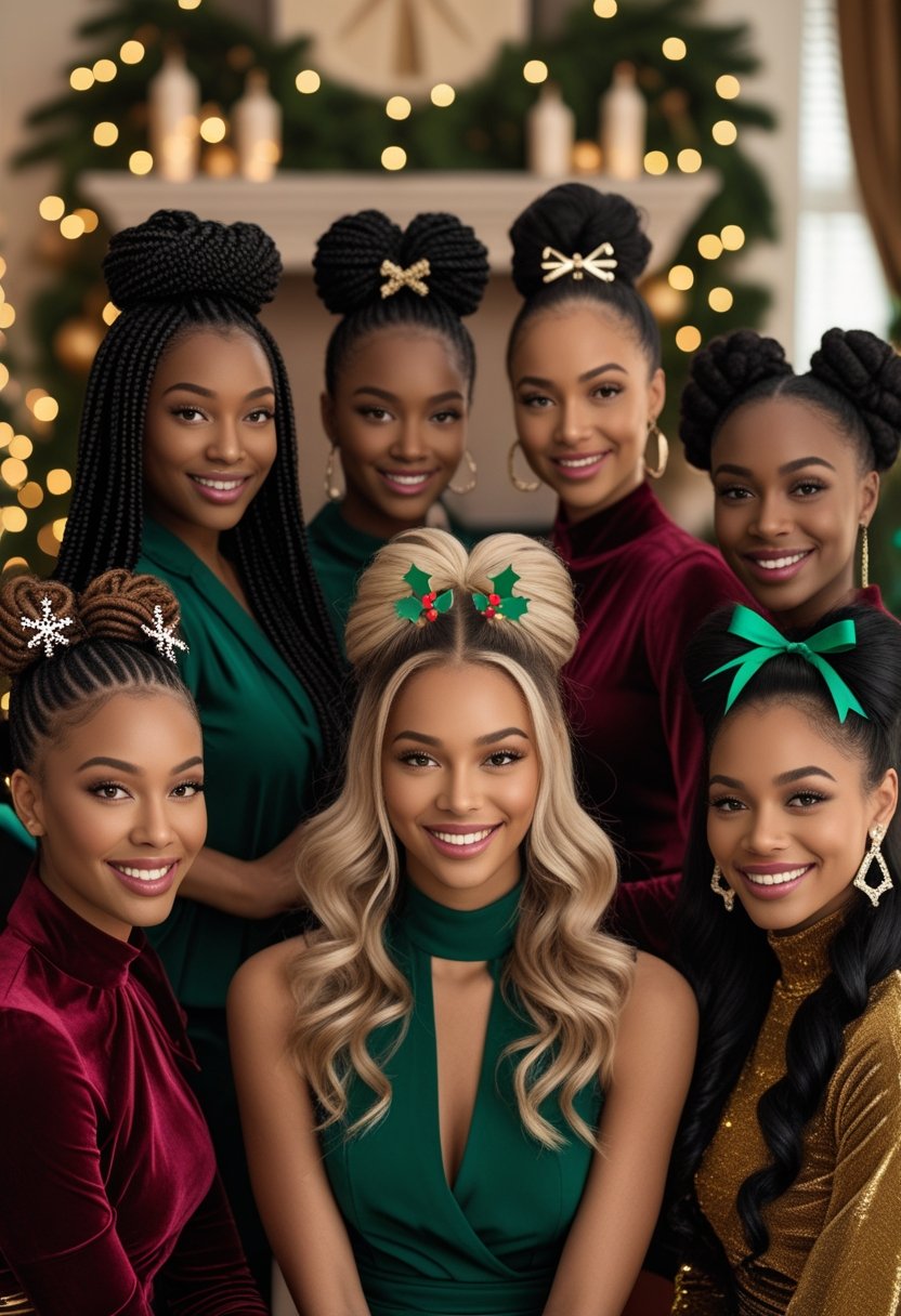 A group of women with various holiday hairstyles posing indoors with Christmas decorations in the background.