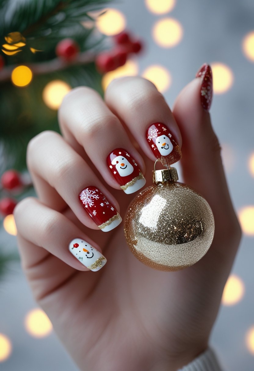 Close-up of hands with festive Christmas nail art holding a gold ornament, with holiday lights and greenery in the background.