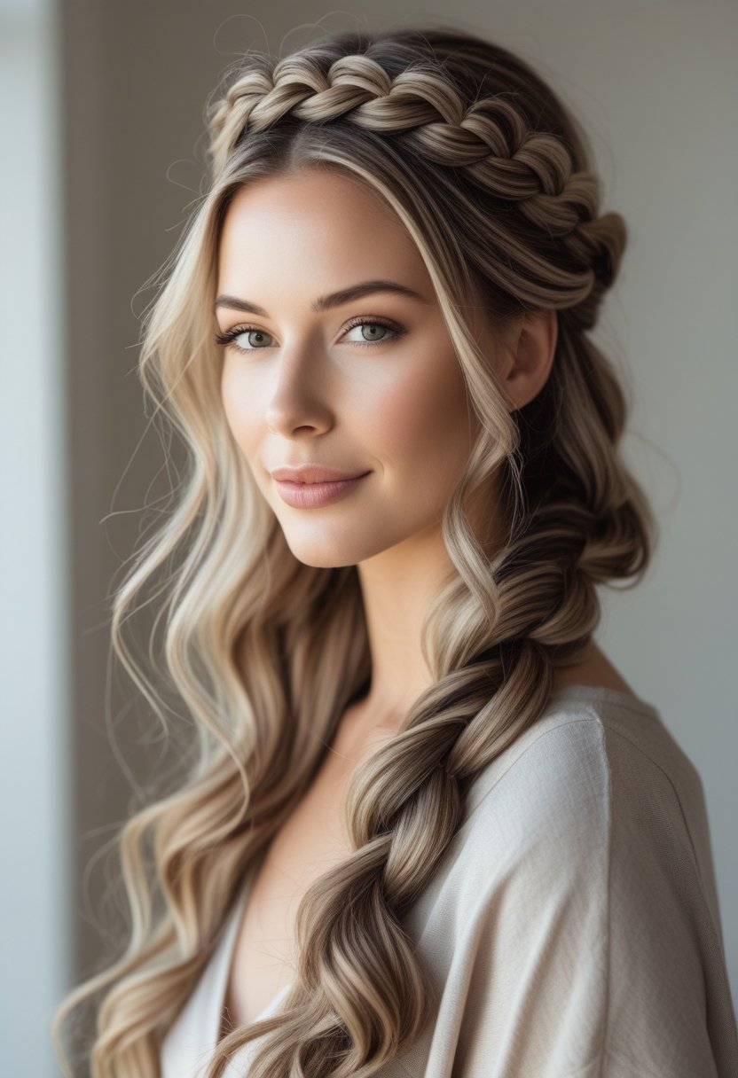 Portrait of a woman with long wavy hair styled in a half-up braided crown, looking serene against a blurred background.