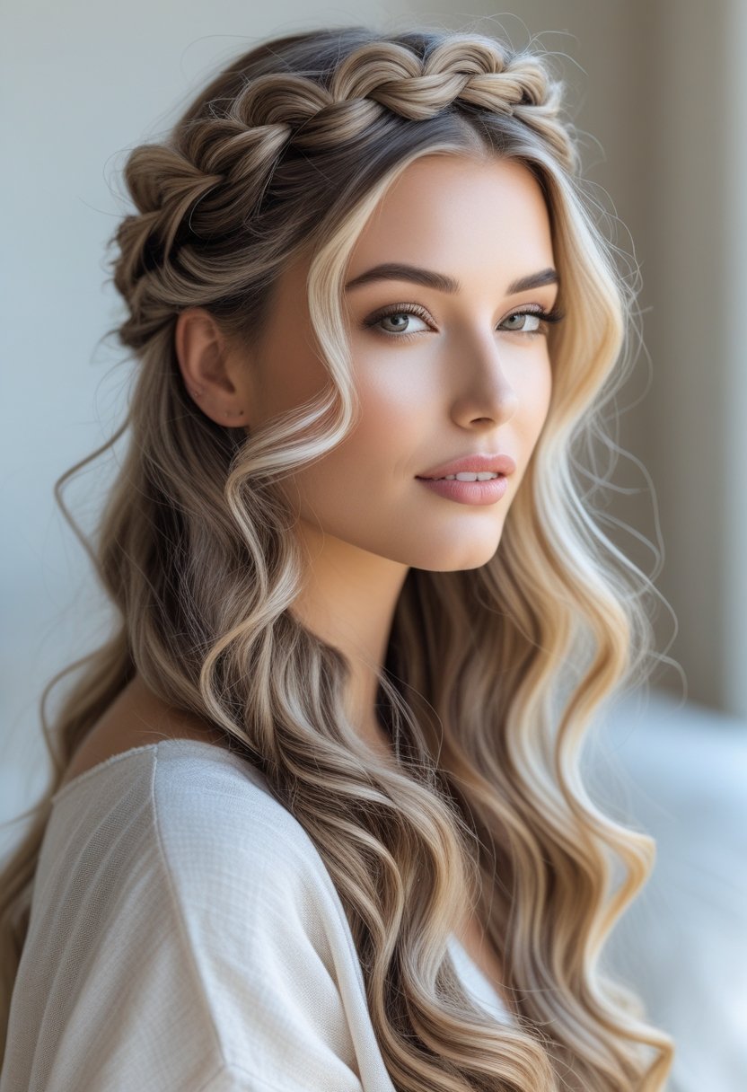 Close-up portrait of a woman with long wavy hair styled in a half-up braided hairstyle, smiling gently against a softly blurred background.