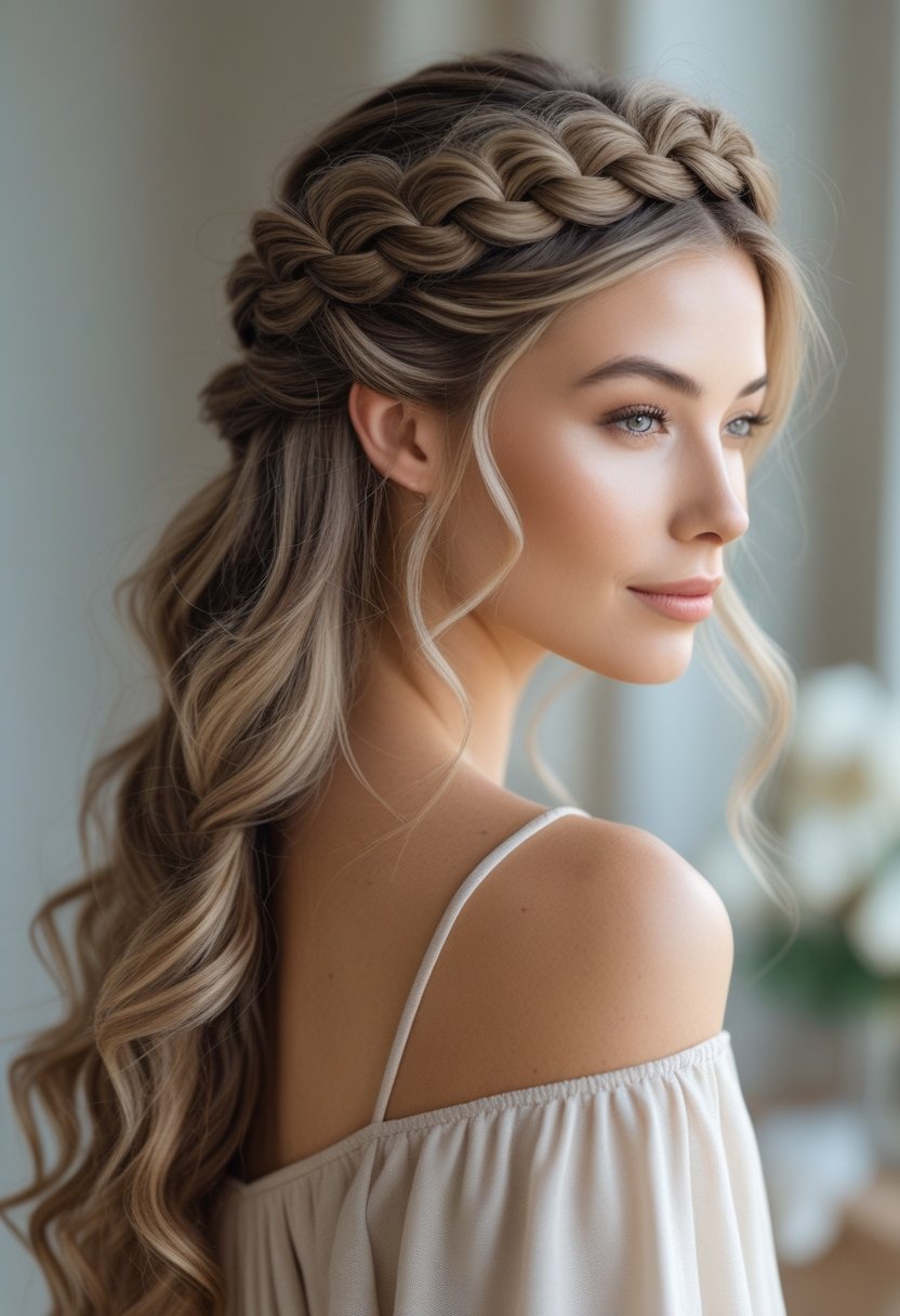 A woman with long wavy hair styled in a half-up braided hairstyle with a braid crown, looking serene against a softly blurred background.
