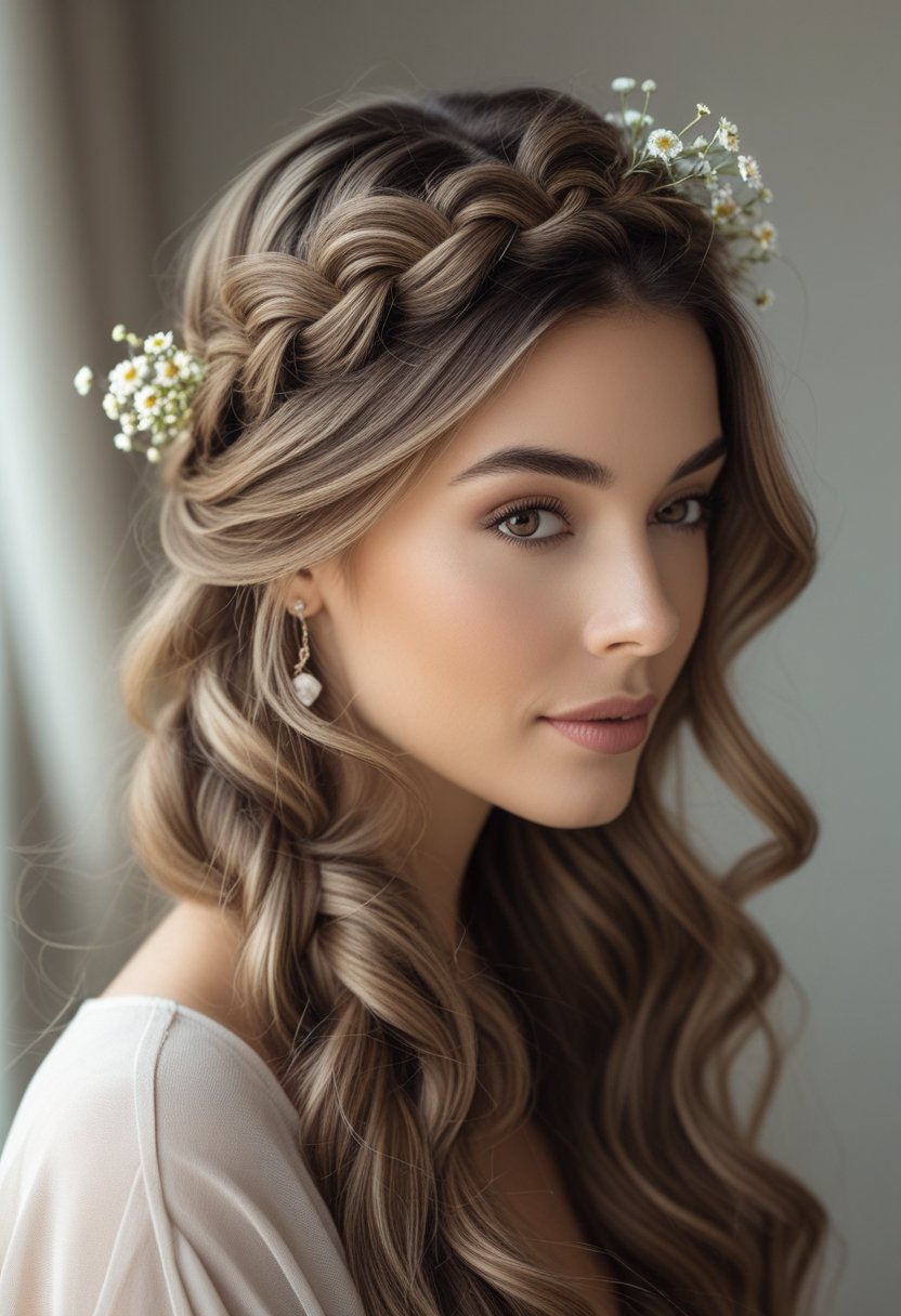 A woman with long wavy hair styled in a half-up braided crown with small flowers, looking serene against a softly blurred background.