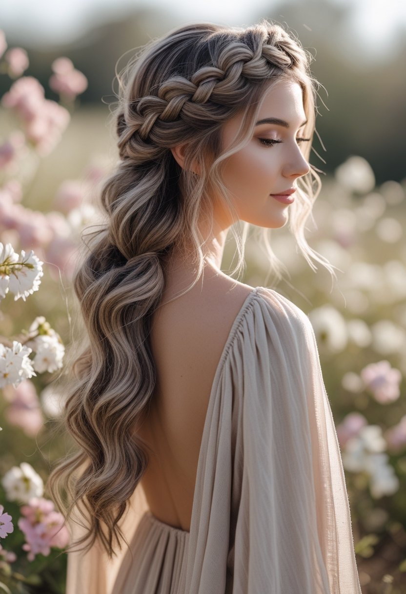 A woman with long wavy hair styled in a half-up braided crown, standing outdoors with flowers around her.