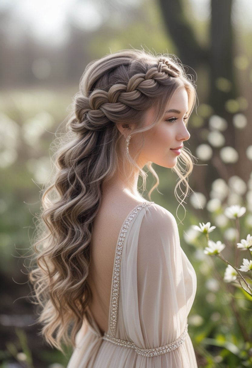 A young woman with long wavy hair styled in a half-up braid crown, standing outdoors among flowers and greenery.