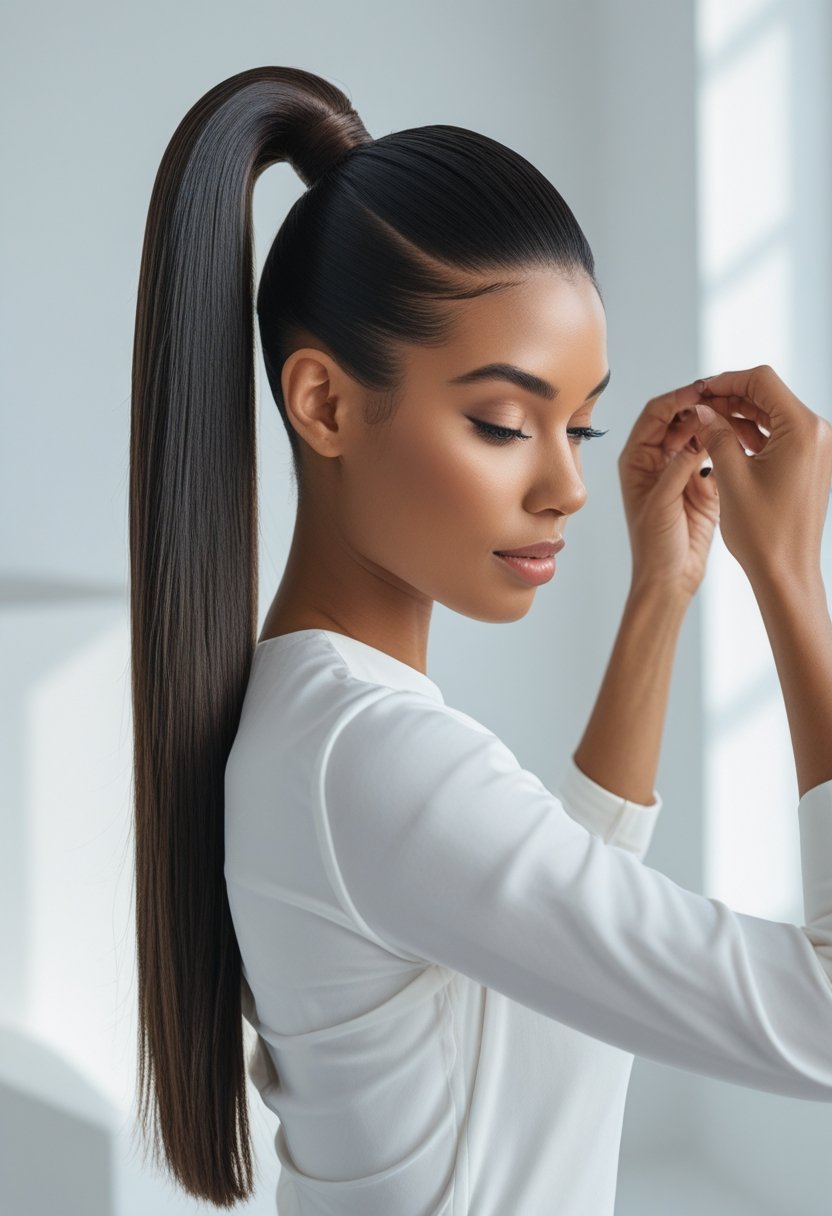 A woman styling her hair into a high ponytail, holding sections of her hair with both hands.