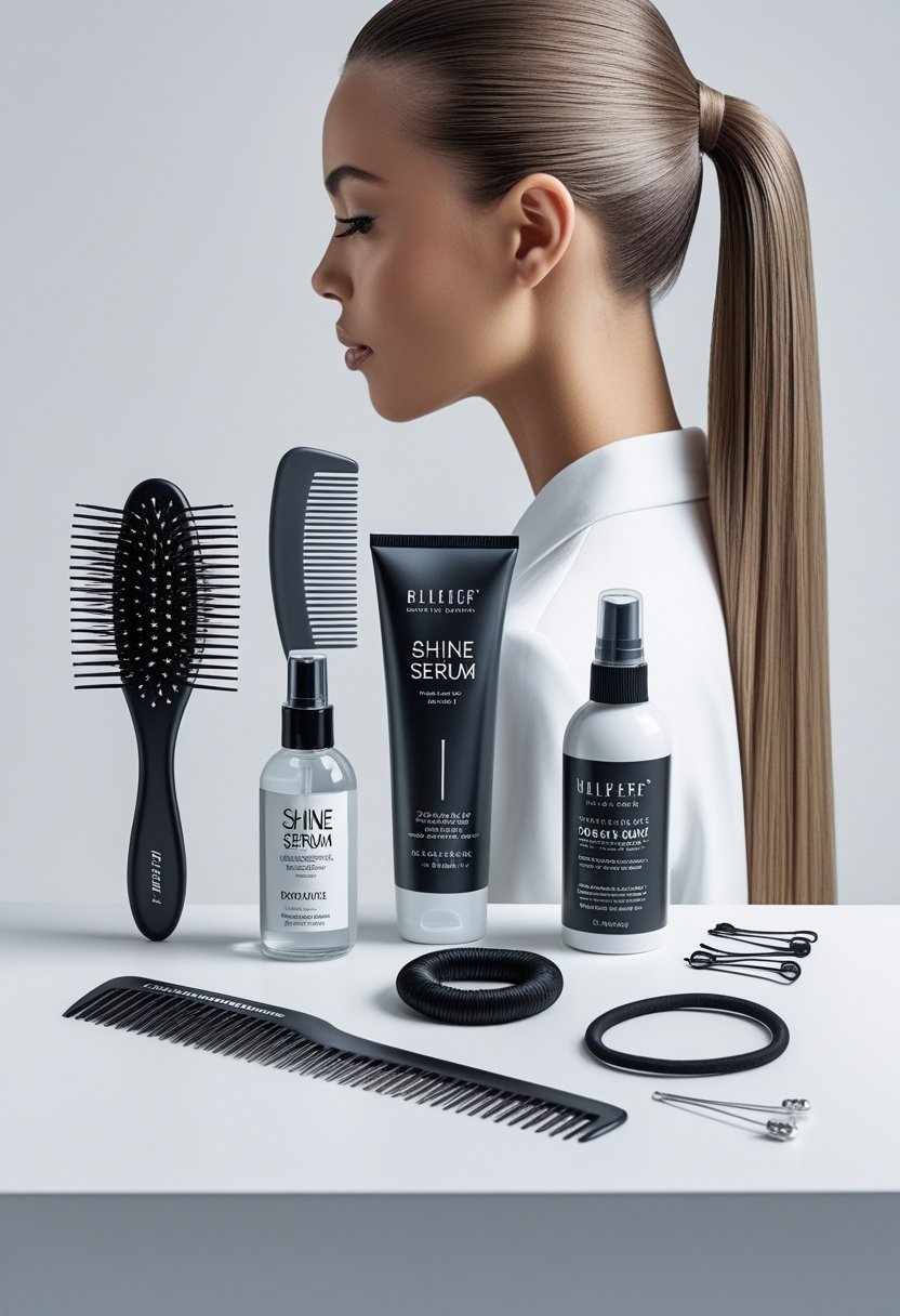 Hair styling tools and products arranged on a table with a person wearing a sleek high ponytail in the background.