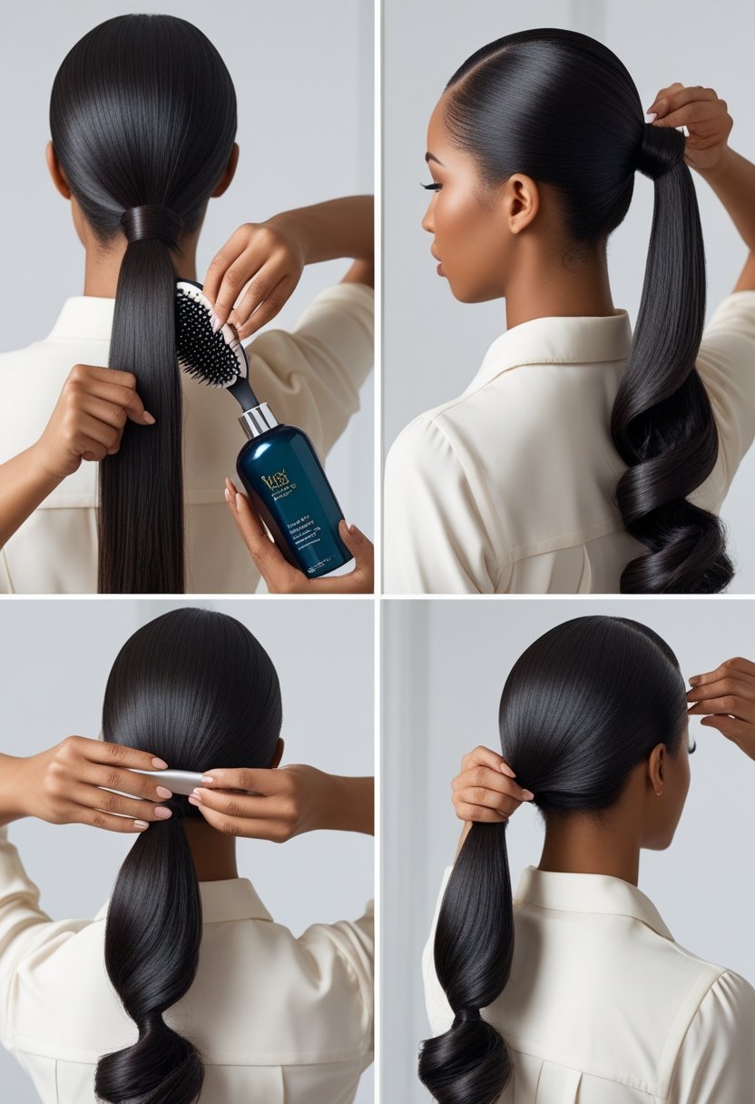 A woman with smooth, shiny hair styled in a high ponytail, shown in the process of hair preparation and styling.