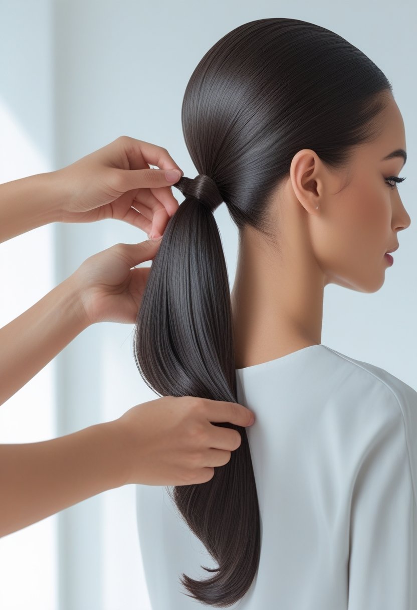 A woman having her hair styled into a high ponytail by another person in a bright, clean setting.