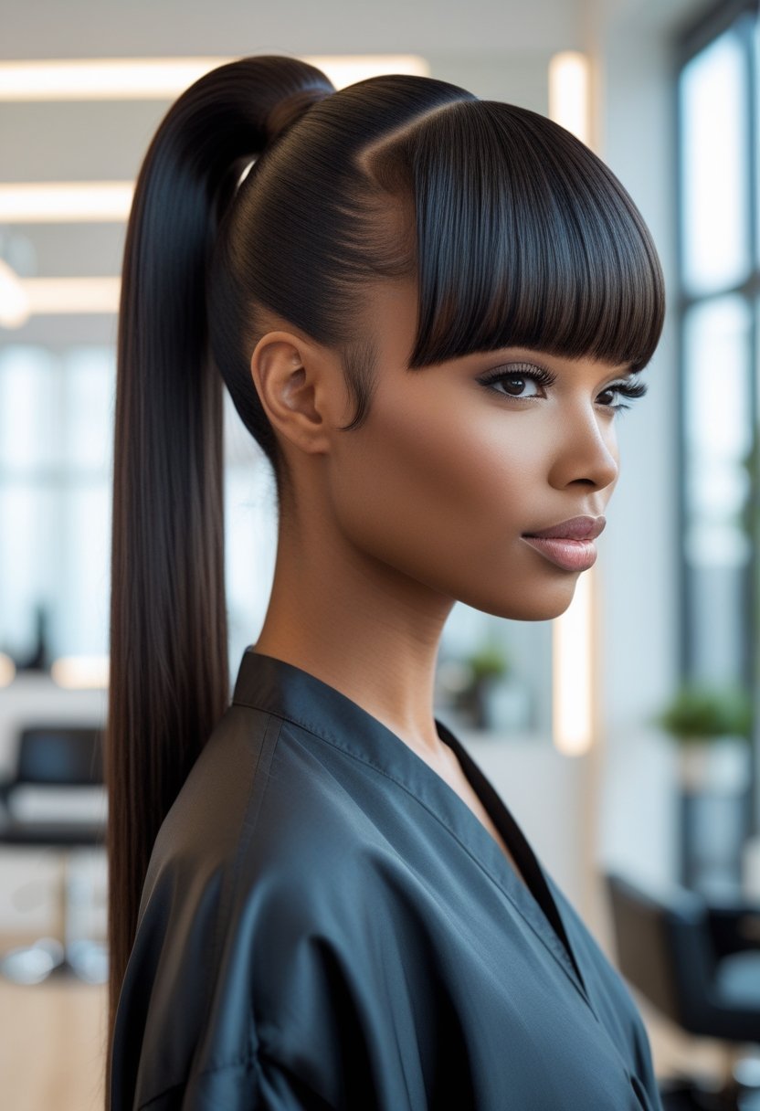 A woman with a sleek high ponytail and face-framing bangs in a bright salon.