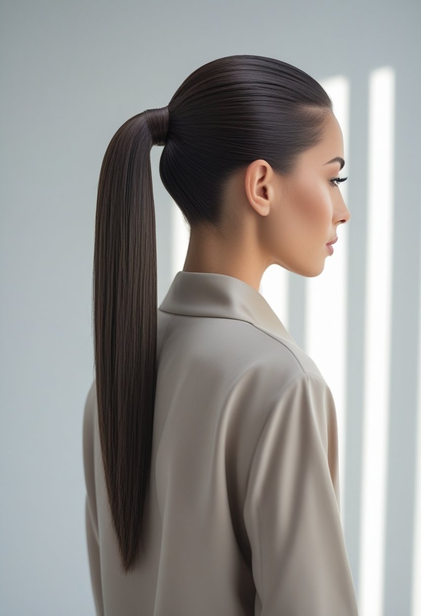 Woman with a sleek high ponytail hairstyle pulled back tightly with volume at the crown, shown from the shoulders up against a plain background.