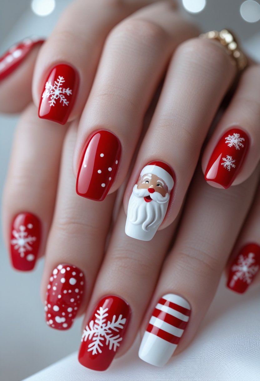 Close-up of hands with red and white holiday-themed nails featuring Santa Claus, snowflakes, and candy cane designs.