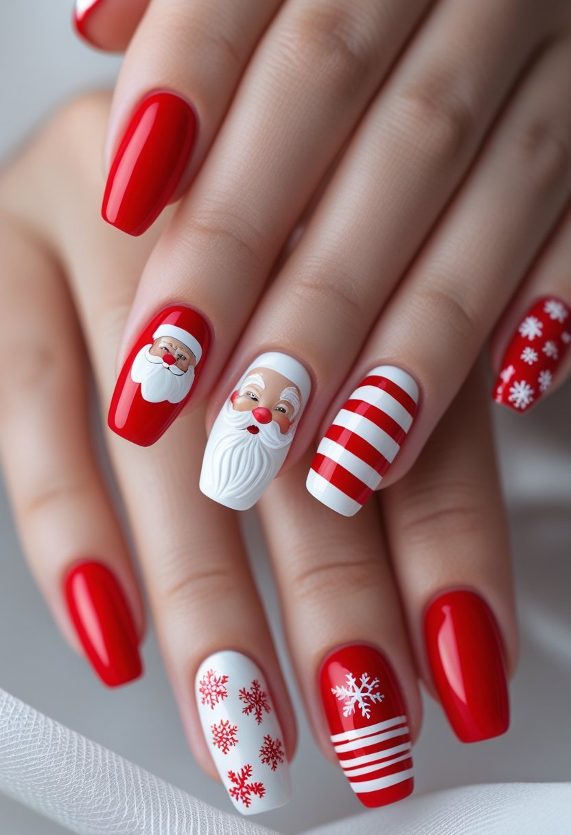 Close-up of hands with red and white holiday-themed nail designs including Santa Claus, snowflakes, and candy cane patterns.