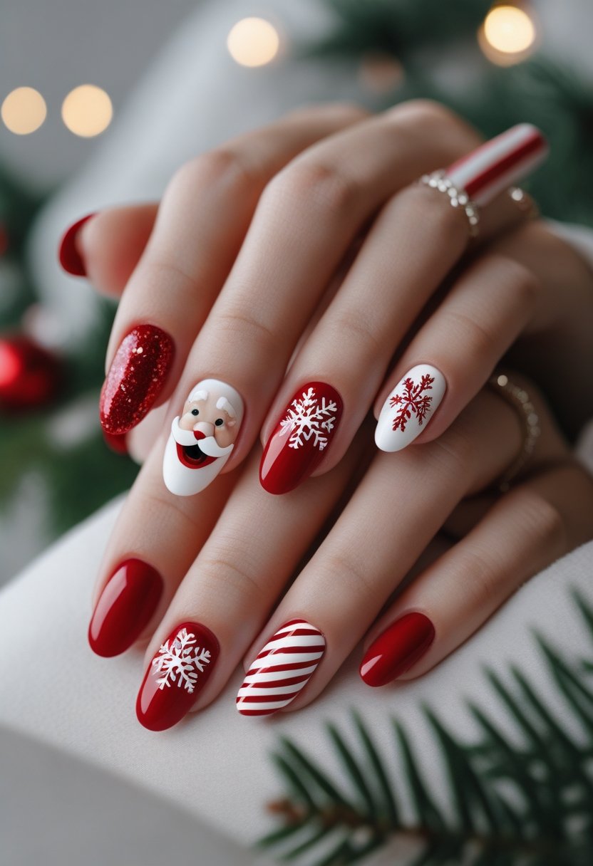 Close-up of hands with red and white Christmas-themed nail art featuring Santa Claus, snowflakes, and candy cane designs.